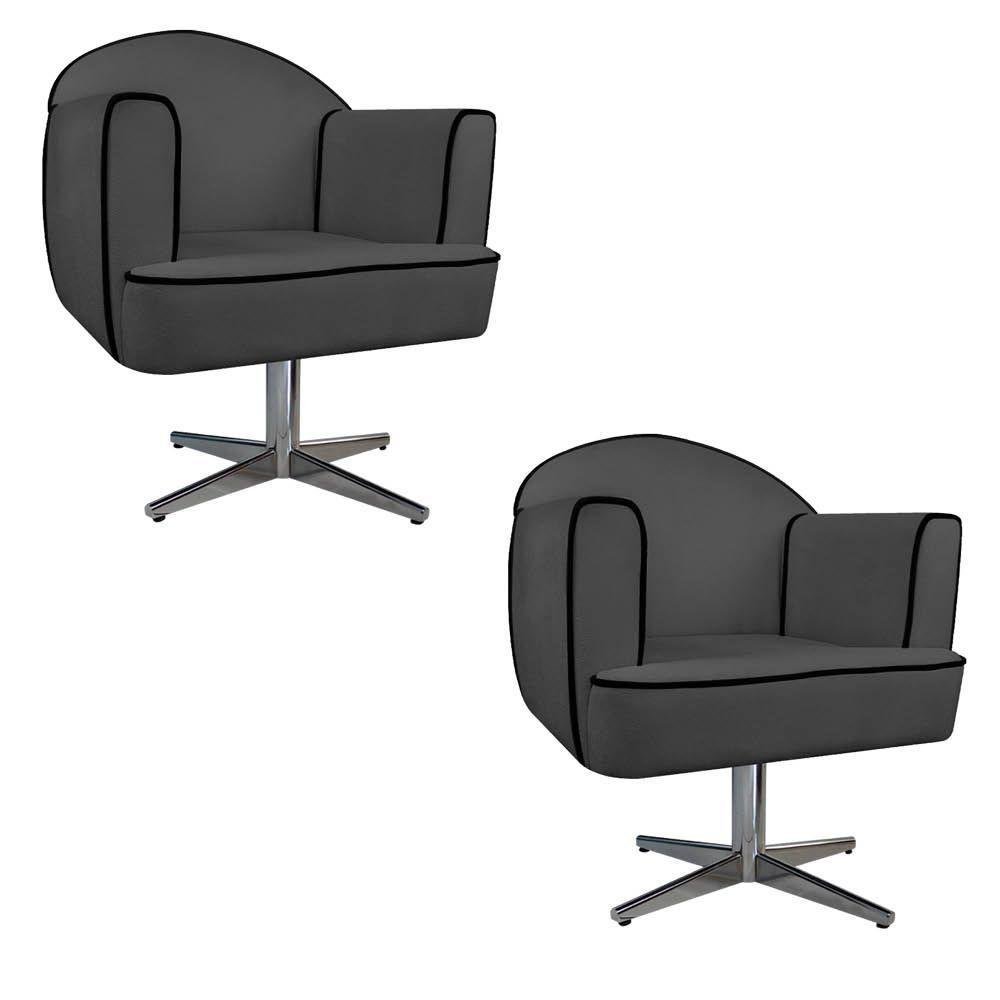 02 Poltronas Athena Base Giratória Metal Linho Chumbo - 1