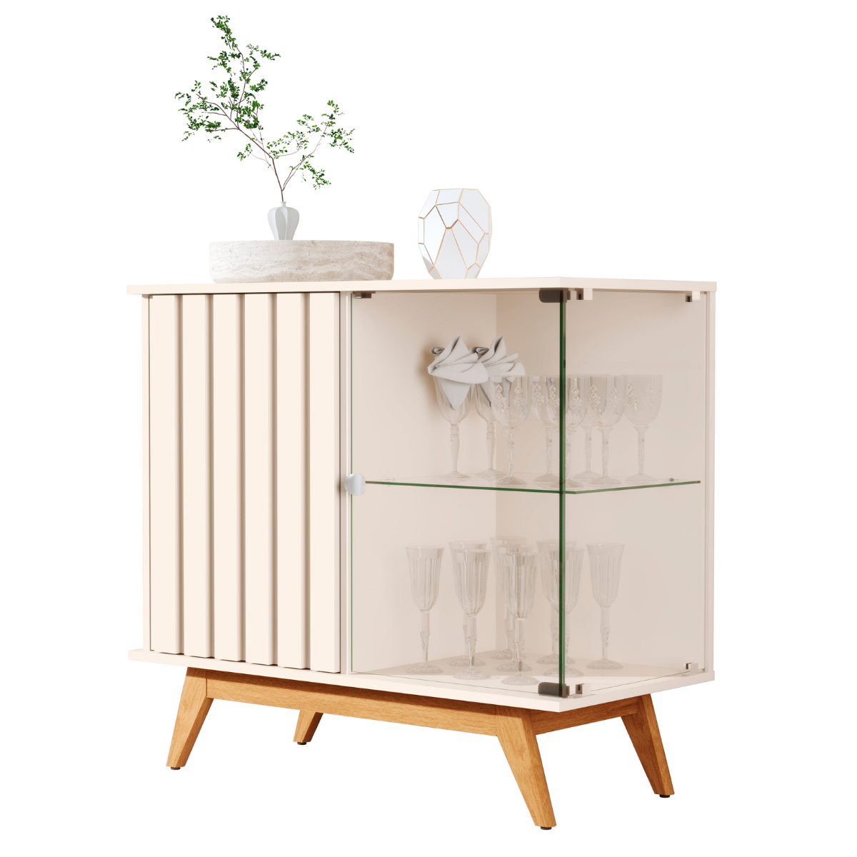 Buffet com Lateral de Vidro e 2 Portas Ripado Lyon Pérola - 1