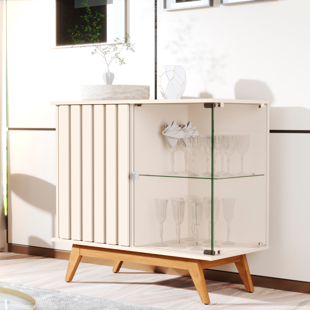 Buffet com Lateral de Vidro e 2 Portas Ripado Lyon Pérola - 3