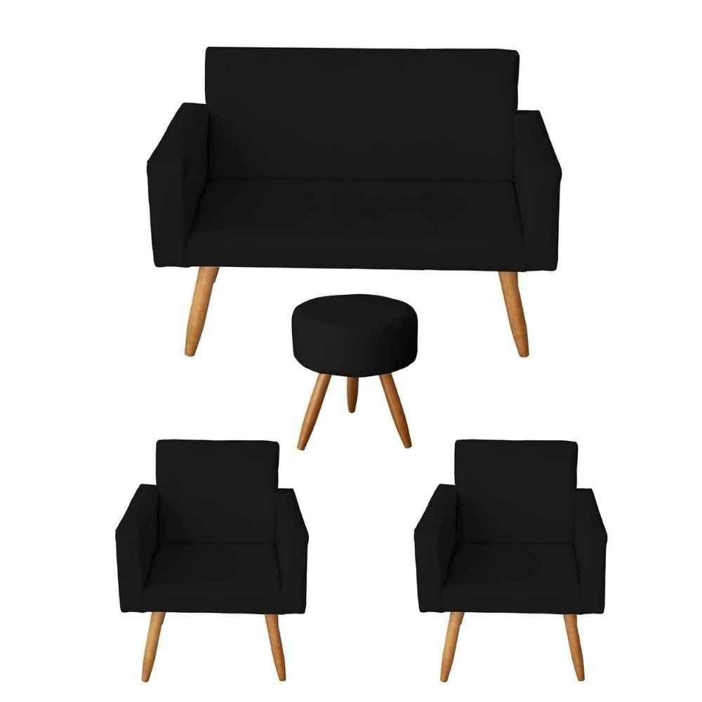 Kit Sofá 2 Lugares e 2 Poltrona para Sala Lina e 1 Puff Redondo Suede Preto - 1