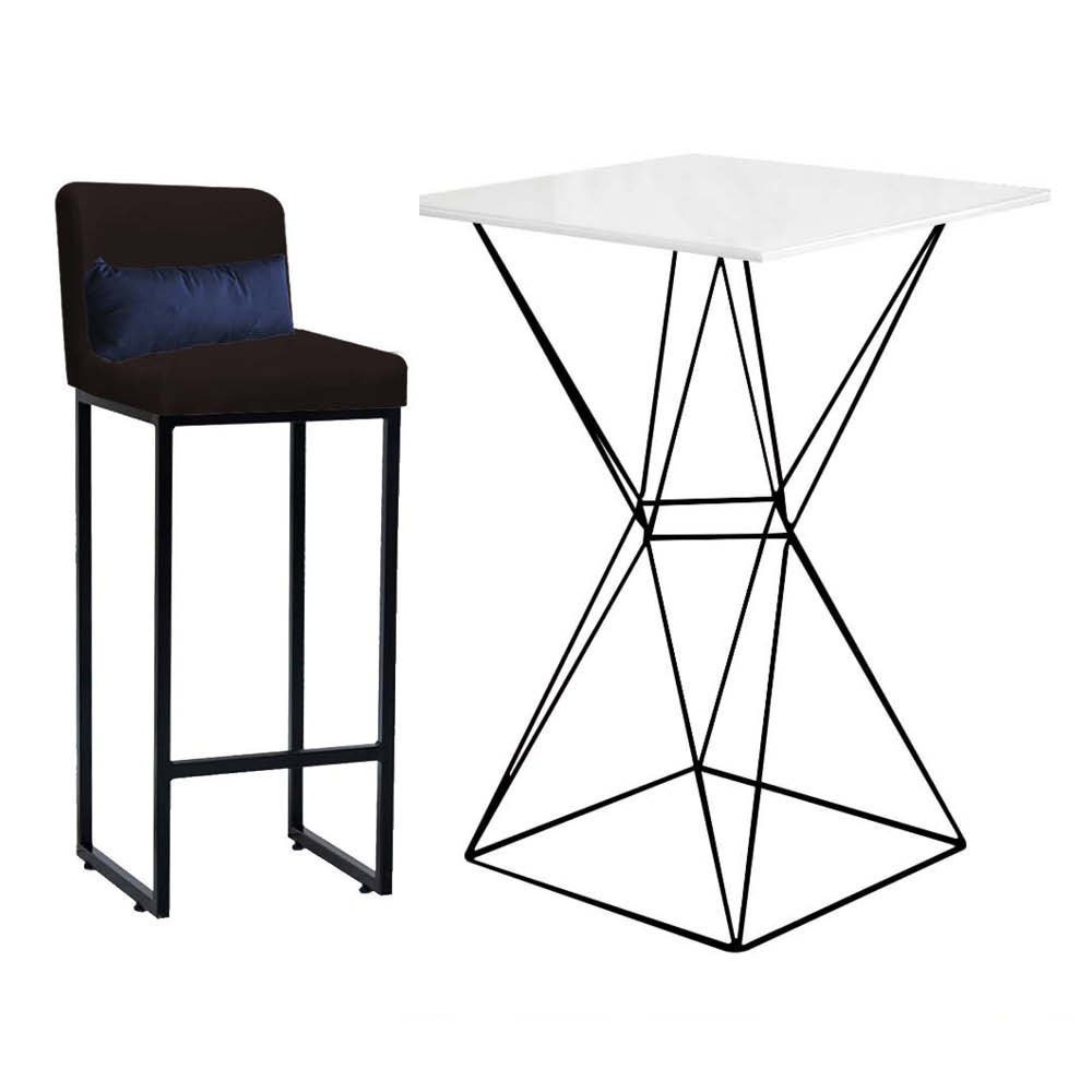 Kit Mesa Bistrô Lucca e 1 Banqueta Lucca Tampo Branco Ferro Preto Sintético Marrom e Almofada Azul M - 1
