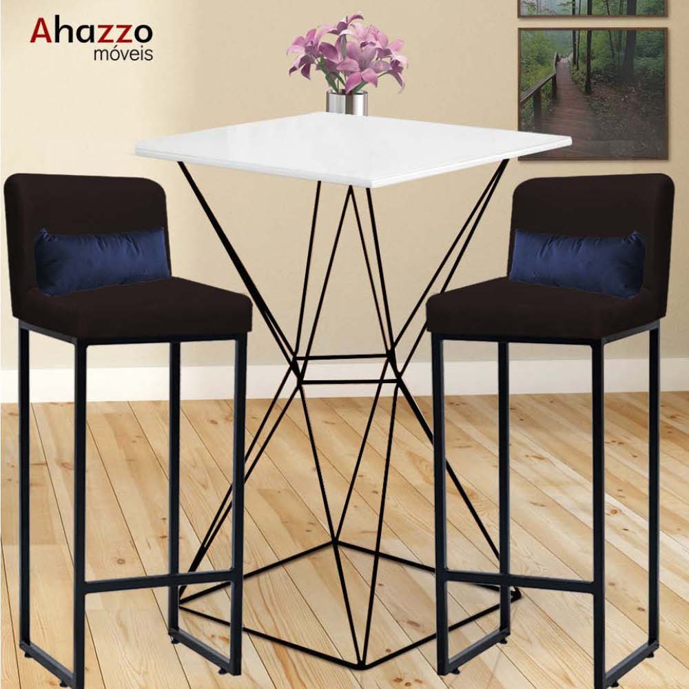 Kit Mesa Bistrô Lucca e 1 Banqueta Lucca Tampo Branco Ferro Preto Sintético Marrom e Almofada Azul M - 2