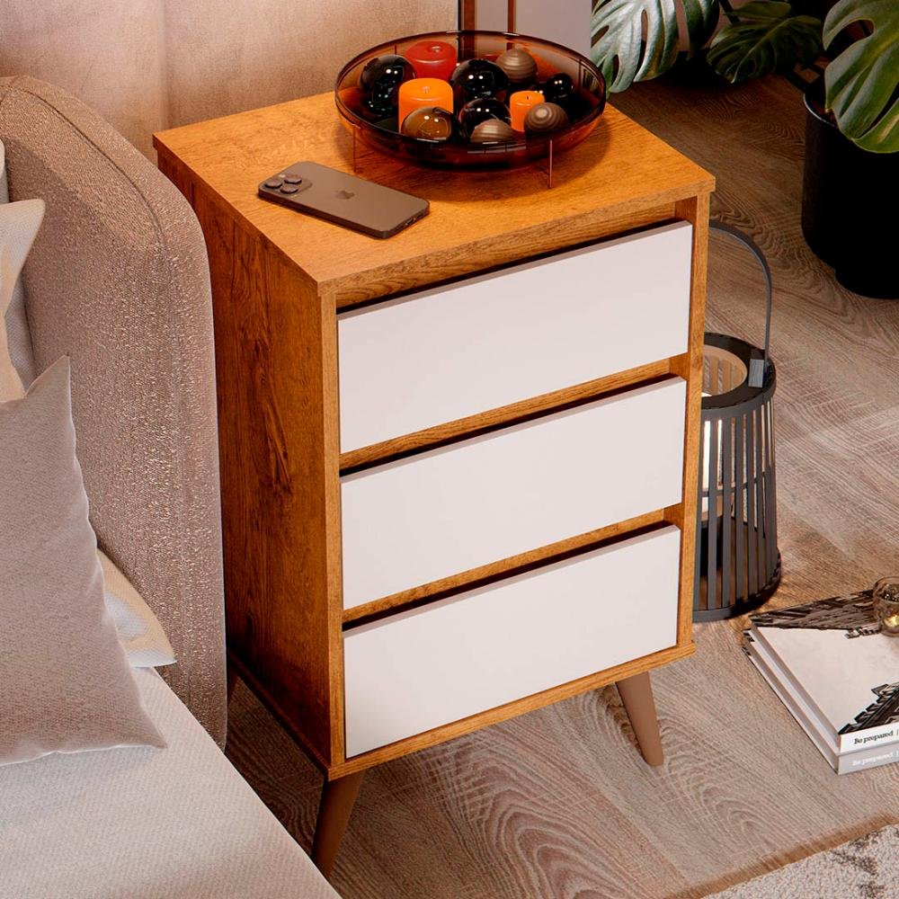 Mesa de Cabeceira Pés Retrô 3 Gavetas 43cm Wood Freijó/off - Ej Móveis - 7
