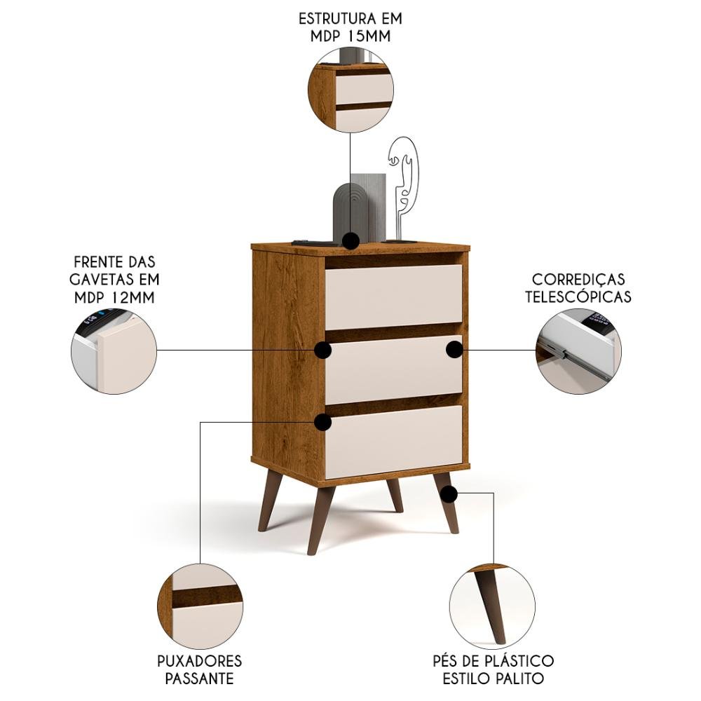 Mesa de Cabeceira Pés Retrô 3 Gavetas 43cm Wood Freijó/off - Ej Móveis - 3