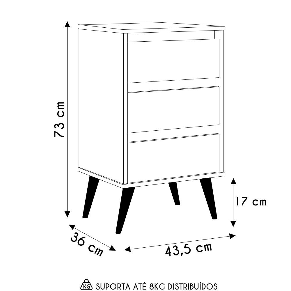 Mesa de Cabeceira Pés Retrô 3 Gavetas 43cm Wood Freijó/off - Ej Móveis - 4
