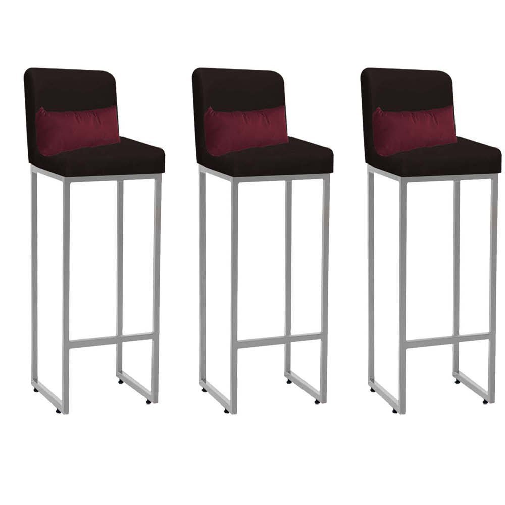 Kit 03 Banqueta Alta com Encosto Lucca Industrial Cozinha Balcão Ferro Prata Suede Marrom e Almofada - 1