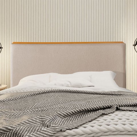 Cabeceira Cama Box Casal 1,40m Estofada Detalhe em Madeira Java Linho Bege