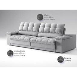 Sofá com Porta Copos e Carregador Usb Ret Rec Luke 2,50m Linho Soft Prata - Netsofas - 2