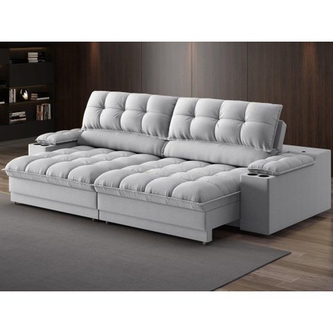 Sofá com Porta Copos e Carregador Usb Ret Rec Luke 2,50m Linho Soft Prata - Netsofas