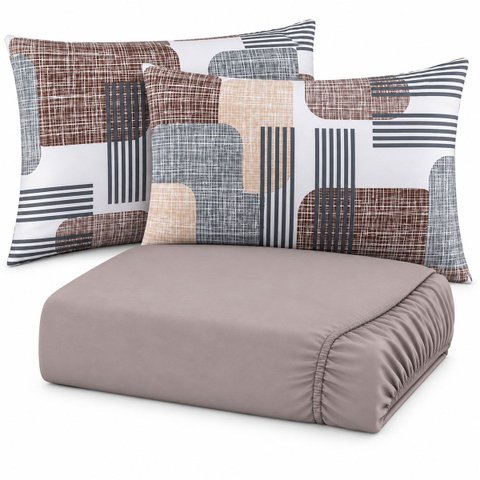 Jogo de Cama Lençol Casal Malha Soft 100% Algodão Fio Penteado Estampado Toque Macio 3 Peças Geométr