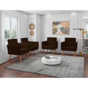 Kit 4 Poltronas Decorativas Escritório Sala Recepção Larah Suede Marrom