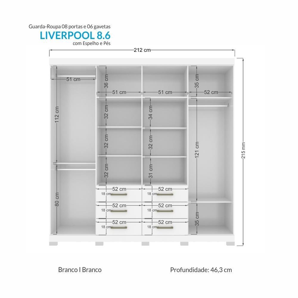Guarda Roupa Casal Liverpool 8.6 8 Portas 6 Gavetas Branco com Espelho e Pés - Santos Andirá - 4