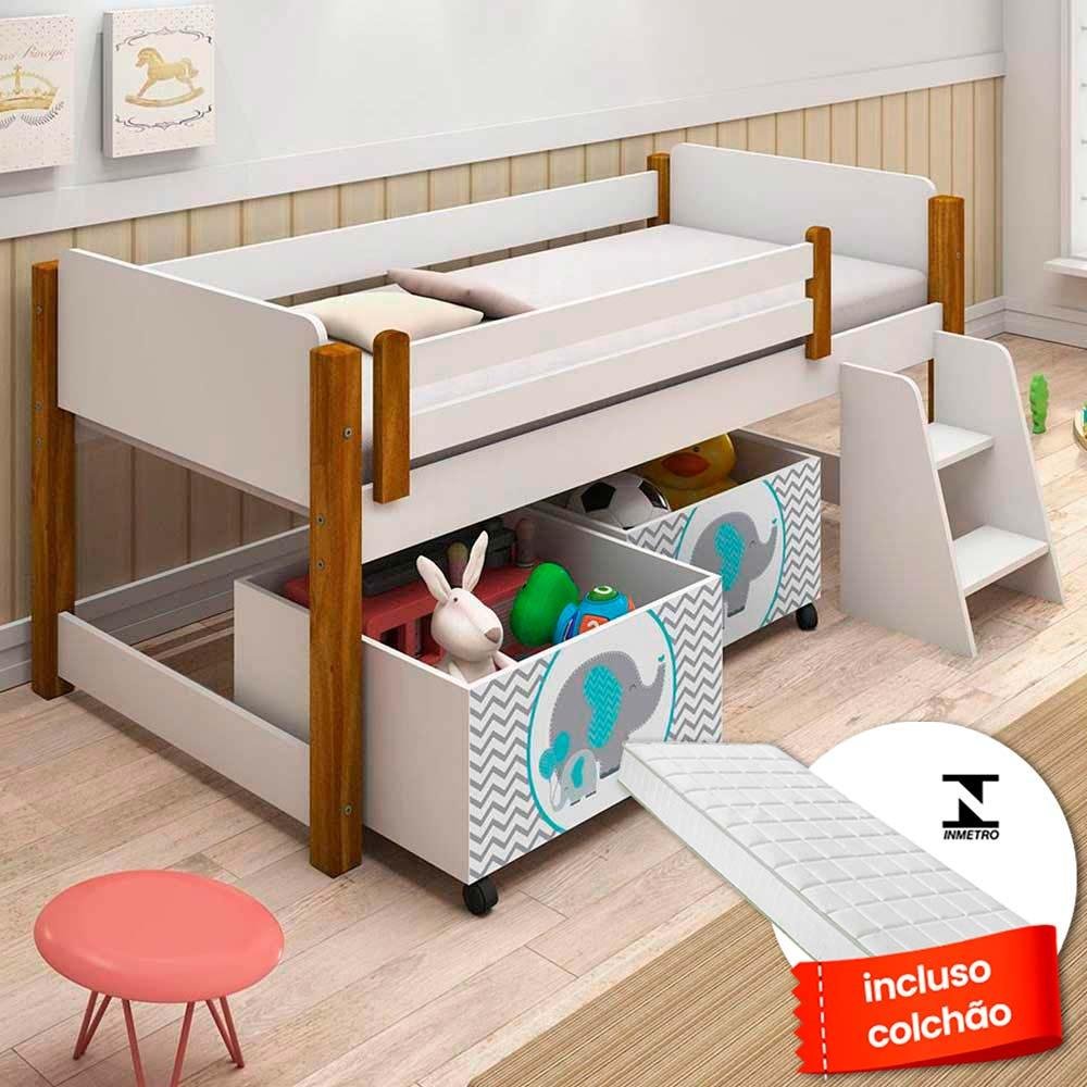 Cama para Criança com 2 Baús Elefante Verde Água Filhote e Colchão Solteiro Branco e Mel - 2