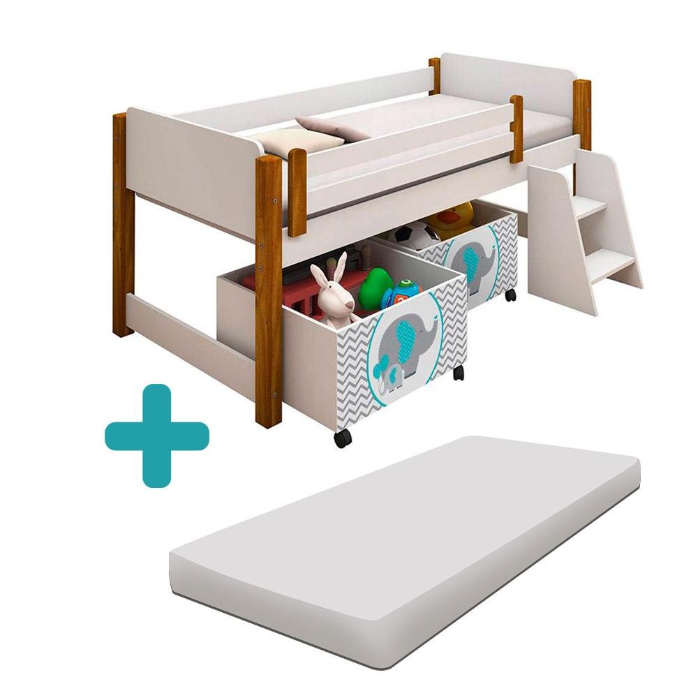 Cama para Criança com 2 Baús Elefante Verde Água Filhote e Colchão Solteiro Branco e Mel - 1