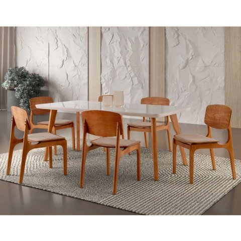 Conjunto Mesa 160cm com Vidro 6 Cadeiras Malta Gold Moderna Linho Palha Off White Imbuia