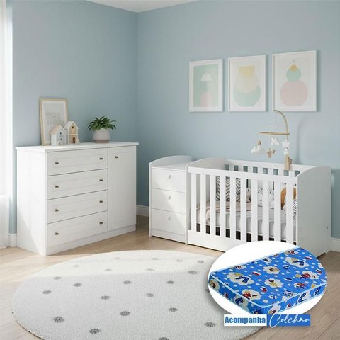 Berço Multifuncional Atlanta e Cômoda Infantil Mississpi Henn Ambiente Branco Fosco com Colchão