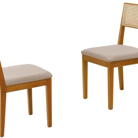 Conjunto 2 Cadeiras Jantar Madeira Maciça Tela e Tecido Linho Luna Marrom/Amêndoa