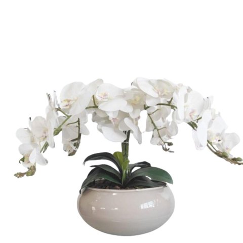 Arranjo de Mesa 4 Flores Orquídeas Artificial Real Vaso Bege