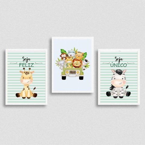 Kit 3 Quadros Tema Safari Infantil Seja Feliz 24x18cm:Madeira preta