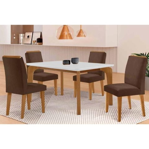 Sala Jantar Mesa Londrina Tampo C/ Vidro Curvo 120cm 4 Cadeiras Dakota Madeira Naturale/off White -