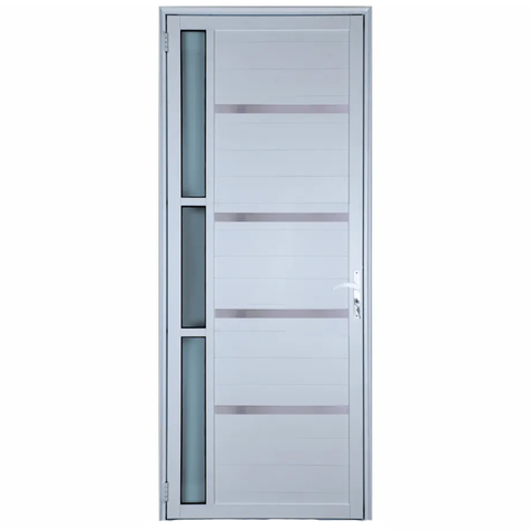Porta de Aluminio Lambril Branco com Maçaneta, Vidro e Friso Linha 25 - 210x100 Direita