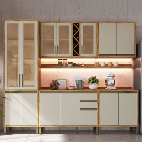 Armário de Cozinha com Balcão e Tampo 13 Portas 3 Gavetas Pérola Premium com Prateleiras 100% Mdf Vi