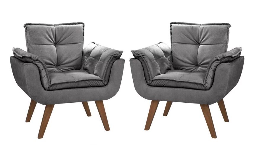 Kit 2 Poltronas Decorativa Opala Suede Cinza - 1