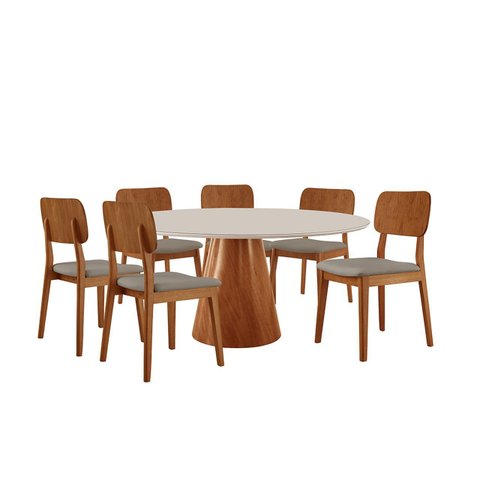 Conjunto Sala de Jantar Mesa Gênova 1.30cm Tampo Redondo Vidro/mdf Off White com 6 Cadeiras Valença