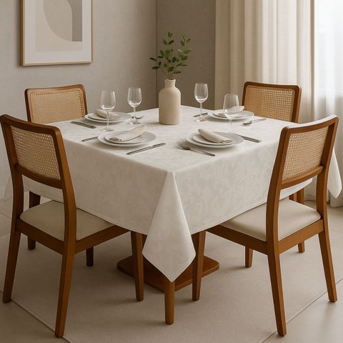 Toalha de Mesa 4 Lugares Luxo Jacquard Pérola 1,40x1,40 para Sala de Jantar Bz Home Decor