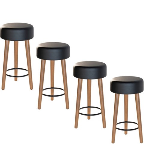 Kit 4 Bancos Banqueta Paris Couro Preto Mesa Gourmet Pés Madeira Mz Decor