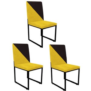 Kit 03 Cadeira Office Stan Duo Sala de Jantar Industrial Ferro Preto Corino Amarelo e Marrom - Amey 