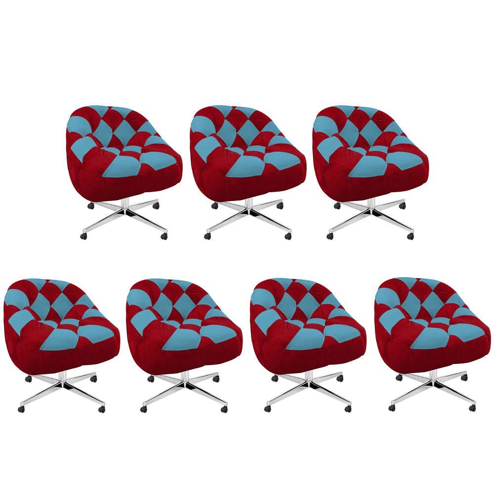 Kit 07 Poltrona Paloma Escritório Sala Giratória Metal Rodízio Sintético Vermelho e Sintético Azul T - 1