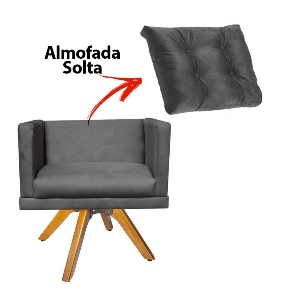 Kit Poltrona Giratória Madeira Castanho E Namoradeira Kim Luxo Confort C/ Almofada Corino Cinza - 2