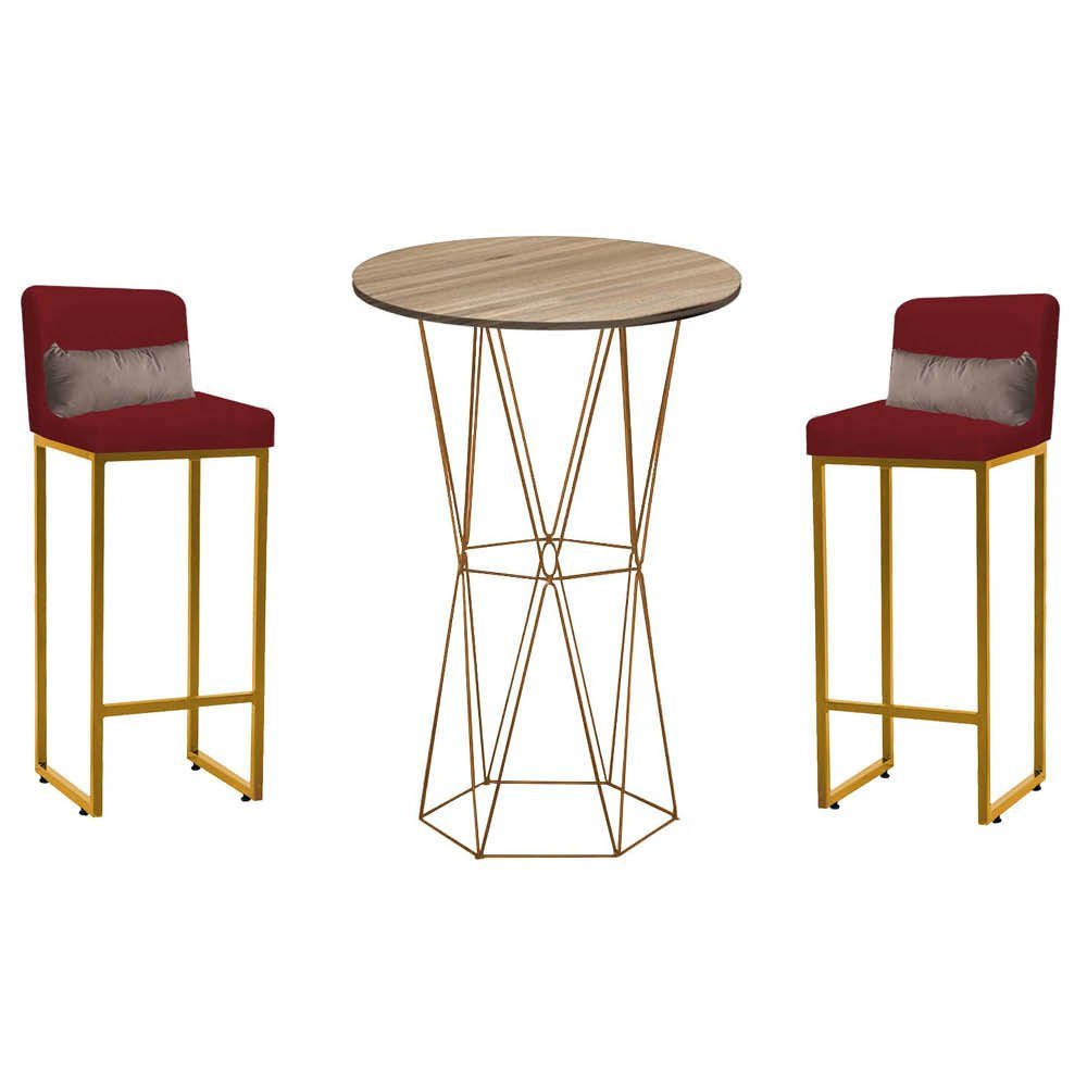 Kit Mesa Bistrô Flork e 2 Banqueta Lucca Alta Com Encosto Tampo Imbuia Ferro Dourado Sintético Verme - 1