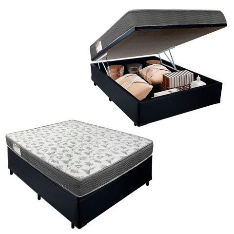 Cama Box Baú Casal Sintético + Colchão de Molas Ensacadas Sereneprime 138x188x62cm Preto