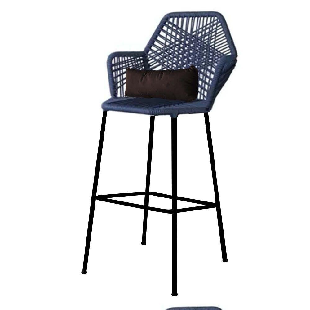 Kit 10 Banqueta Alta Com Encosto Sttar Ferro Preto Fibra Azul Marinho Almofada Suede Bege - 3
