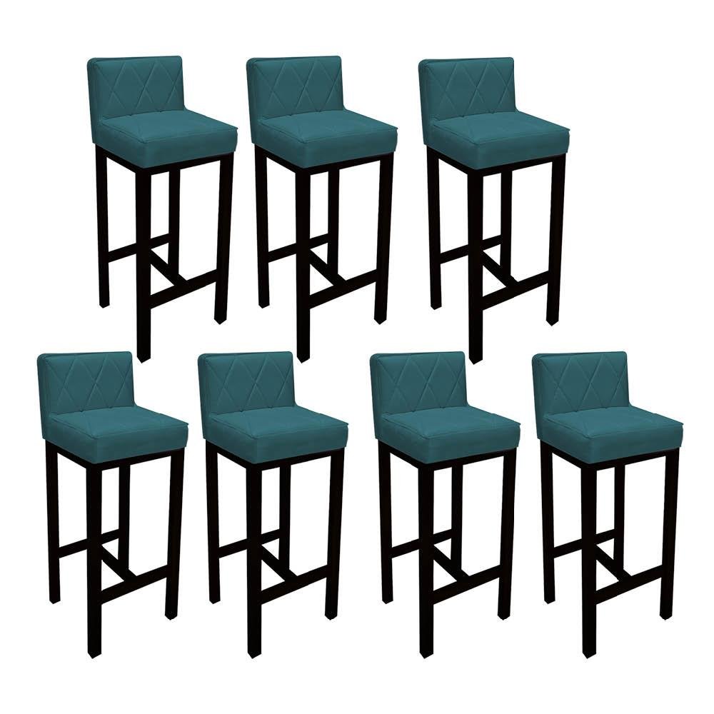 Kit 07 Banquetas Alta Jade Suede Azul Turquesa Com Encosto Para Balcão Bistrô e Base Preta - 1