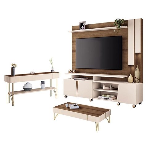 Estante Home Theater Virtus Castanho Off White com Mesa de Centro Cadenza e Aparador Vivant Off