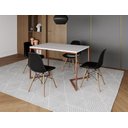 Ver imagem 1 de Mesa Industrial Base Ferro Cobre em V Tampo 137x90 Branco 4 Cadeiras Eames Madeira Assento Preto