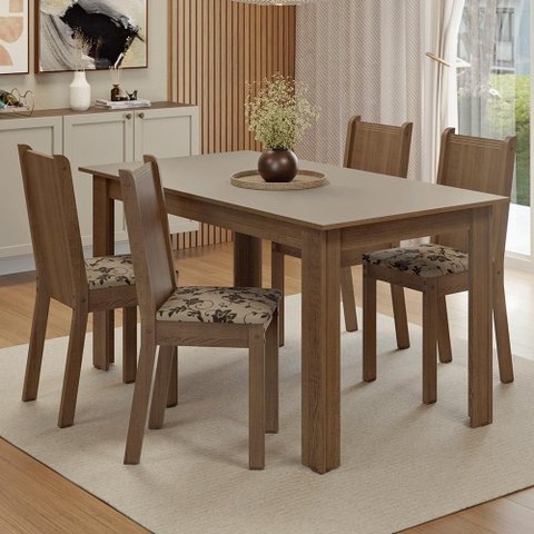 Conjunto Sala de Jantar Amora Mesa Tampo de Madeira 4 Cadeiras Rustic/Crema/Bege Marrom Madesa