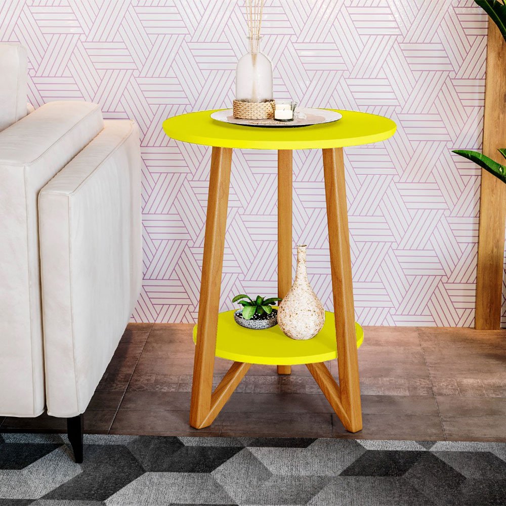 Mesa de Canto Dubai Mdf e Madeira Maciça para Sala de Estar - Amarelo ...