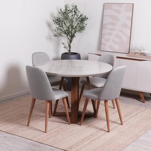 Conjunto de Jantar Mesa Redonda com Vidro Bennett 115 Cm 4 Cadeiras New Drop - Natural C/ Cinza