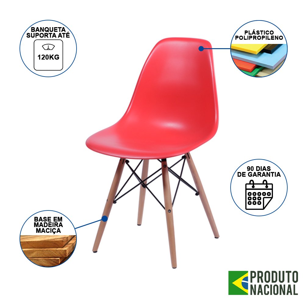 Mesa Industrial Base Ferro Cobre Tampo 137x90 Preto 4 Cadeiras Eames Madeira Assento Vermelho - 4
