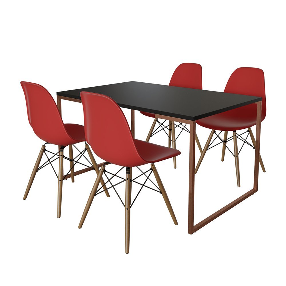 Mesa Industrial Base Ferro Cobre Tampo 137x90 Preto 4 Cadeiras Eames Madeira Assento Vermelho - 2