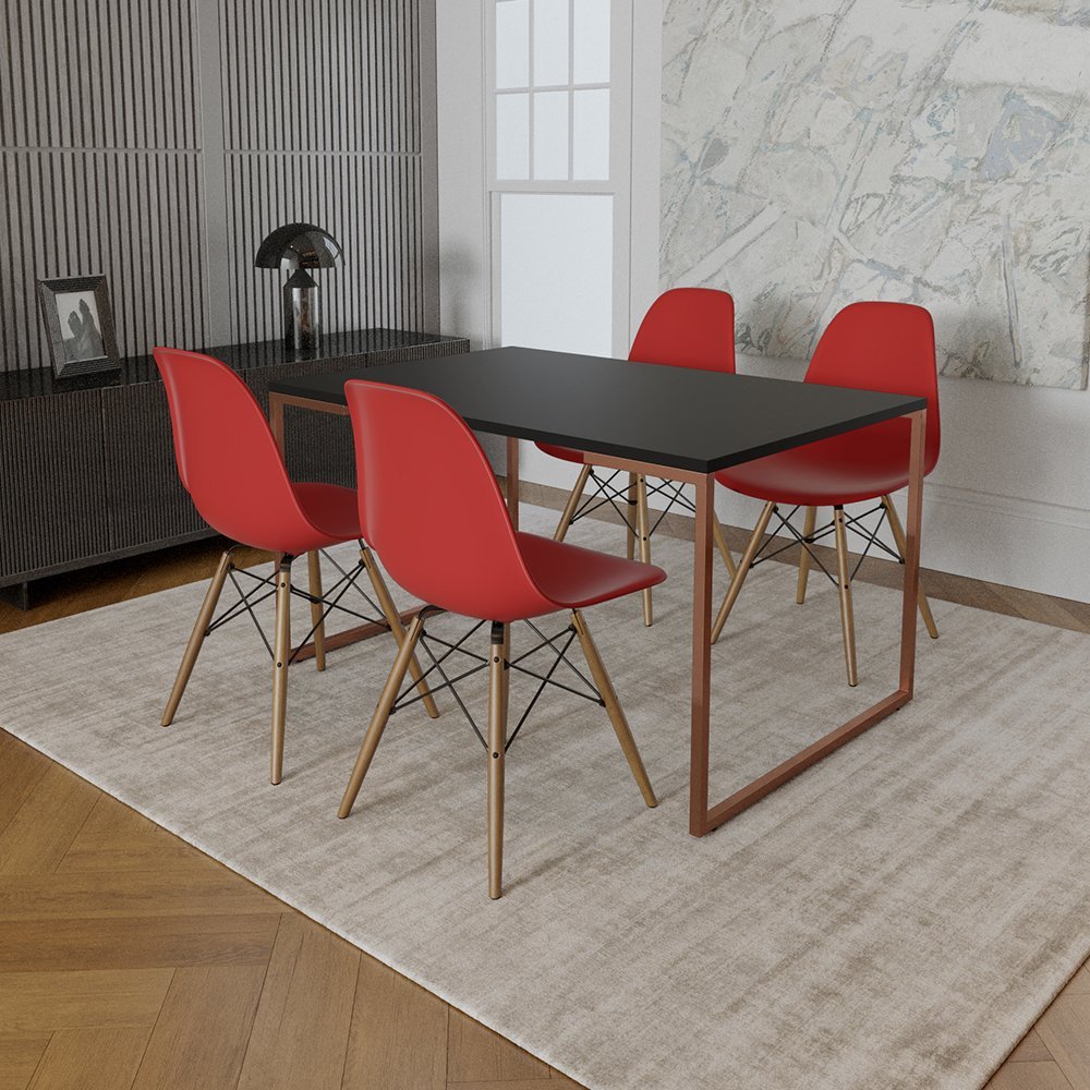 Mesa Industrial Base Ferro Cobre Tampo 137x90 Preto 4 Cadeiras Eames Madeira Assento Vermelho - 1