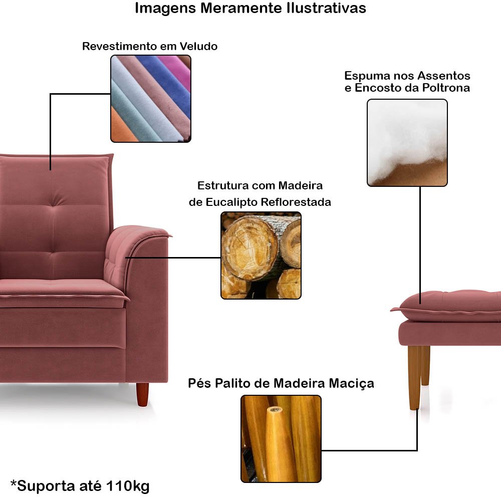 Poltrona de Amamentação Quarto Infantil com Puff Kate Pés Palito Veludo Rosê + Binde Amofada New Bel - 3