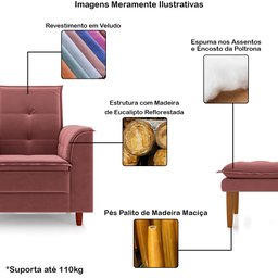 Poltrona de Amamentação Quarto Infantil com Puff Kate Pés Palito Veludo Rosê + Binde Amofada New Bel - 3