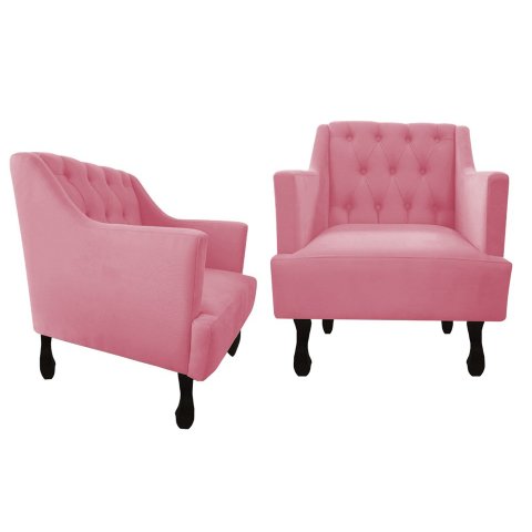 Kit 2 Poltronas Decorativa Julia Suede Rosa Pés Madeira Mz Decor