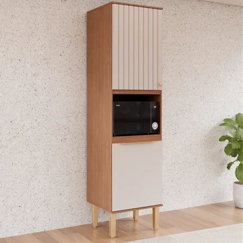 Paneleiro Cozinha 2 Portas Nicho Microondas Armário 100% MDF:Freijó/ Off-White