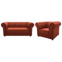 Ver imagem 1 de Conjunto Sofá Namoradeira e Poltrona Capitonê Chesterfield Suede Terracota Recepção Sala de Estar